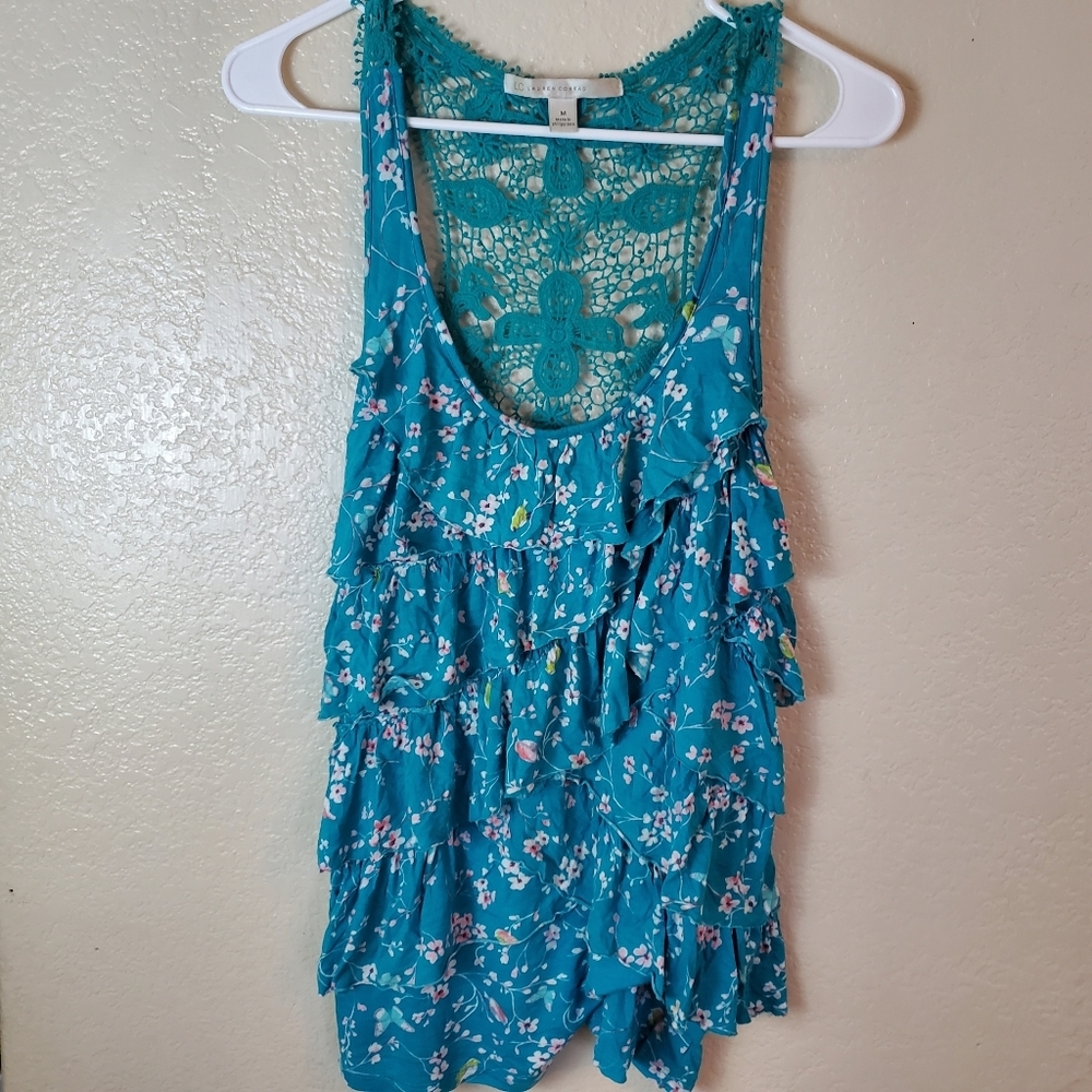 Lauren Conrad Blue Floral Lace Boho Ruffled Sleeveless Top